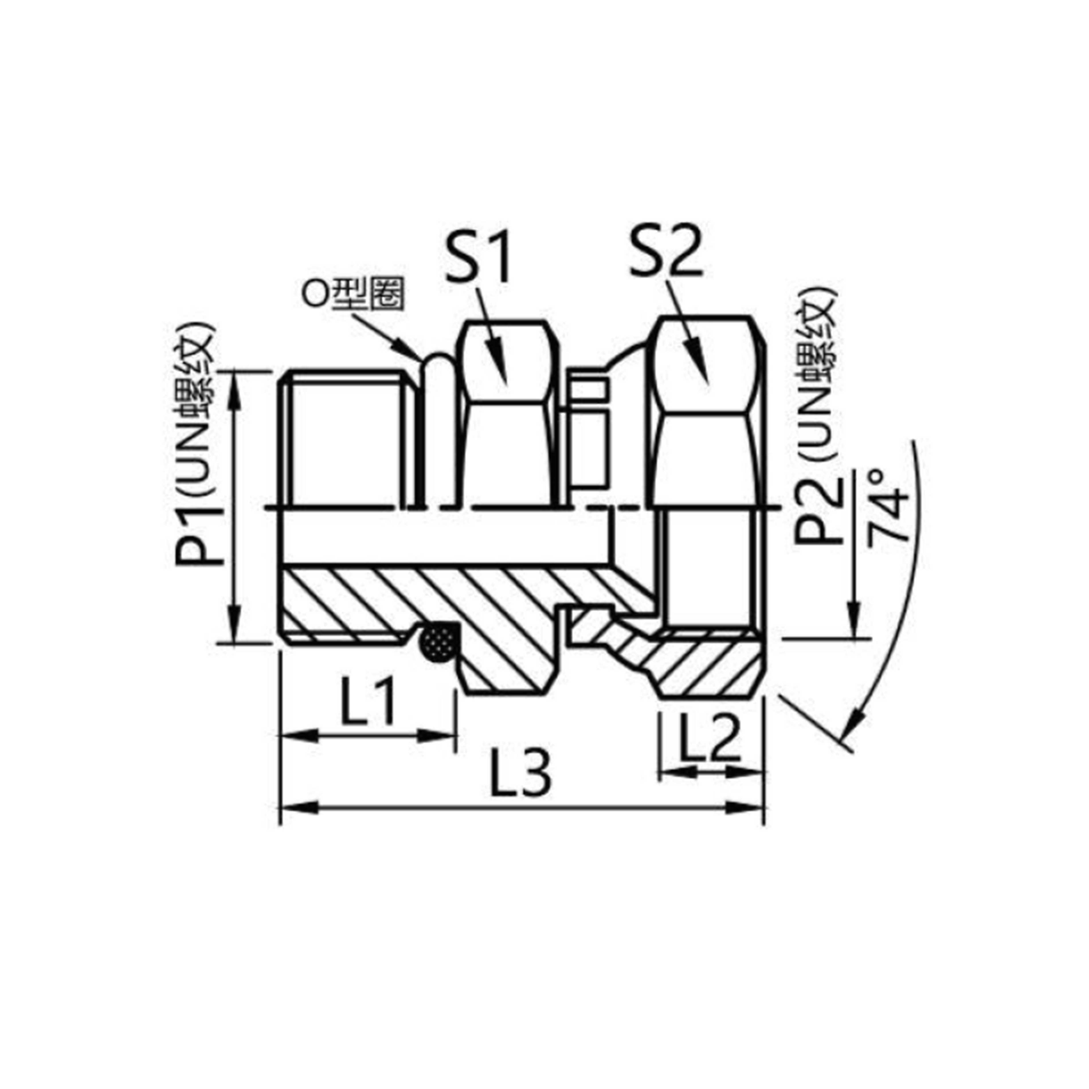 2OJ  Us-made SAE external thread o-ring /US-made Jlc internal thread 74°internal cone connector