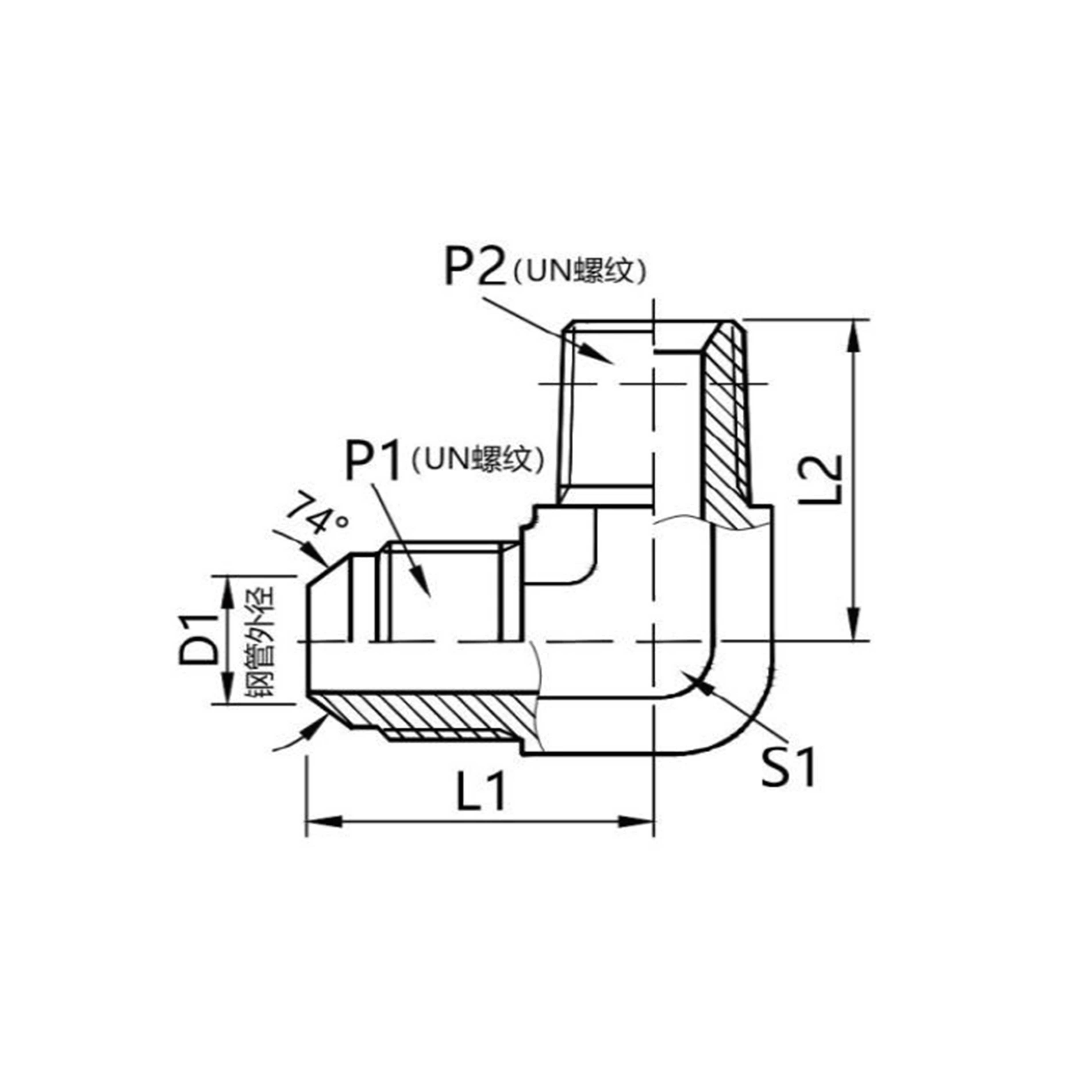 1JN9 90° bend, American JlC external thread, 74° external cone /cone pipe external thread