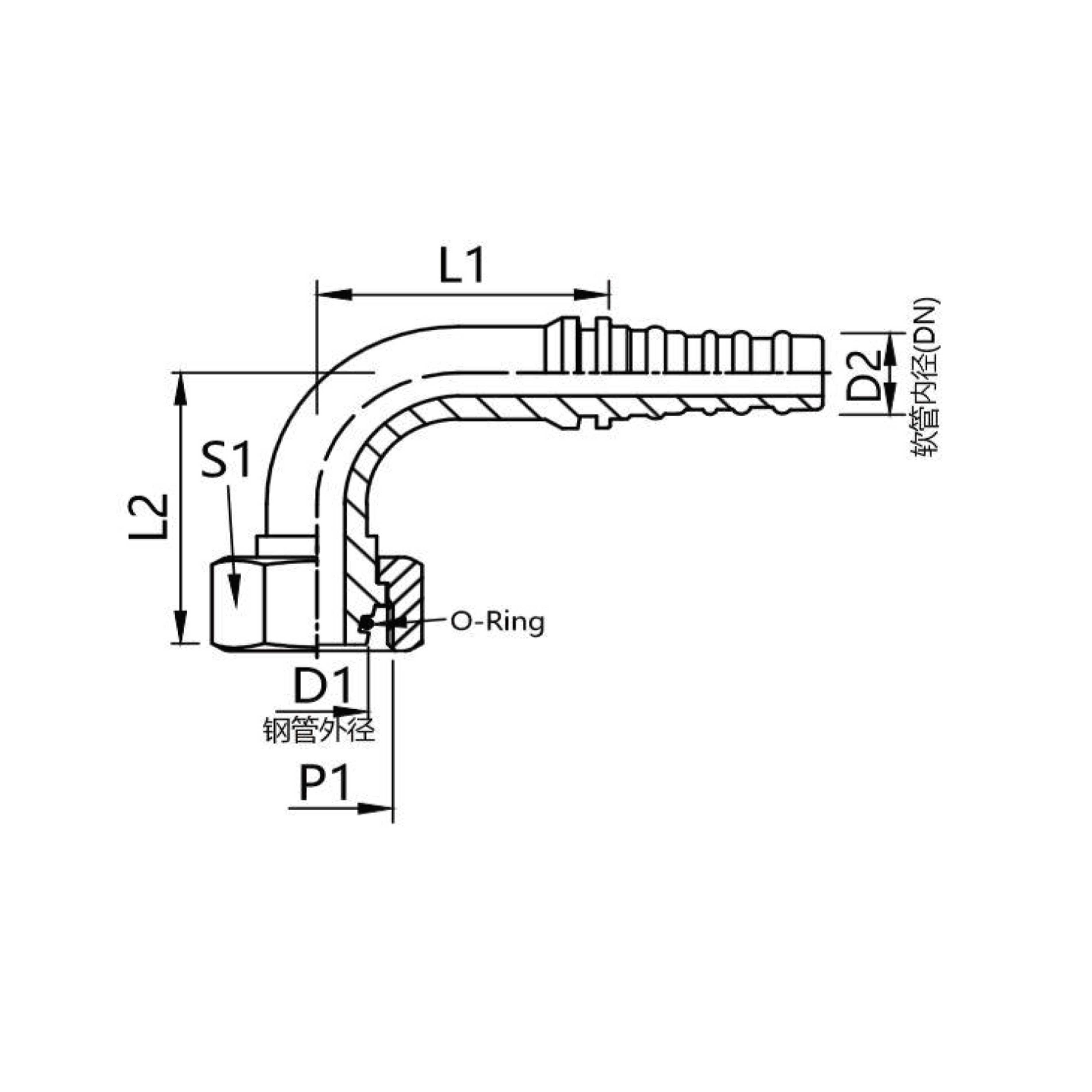 20593 公制内螺纹24°锥O型圈重型90°弯接头