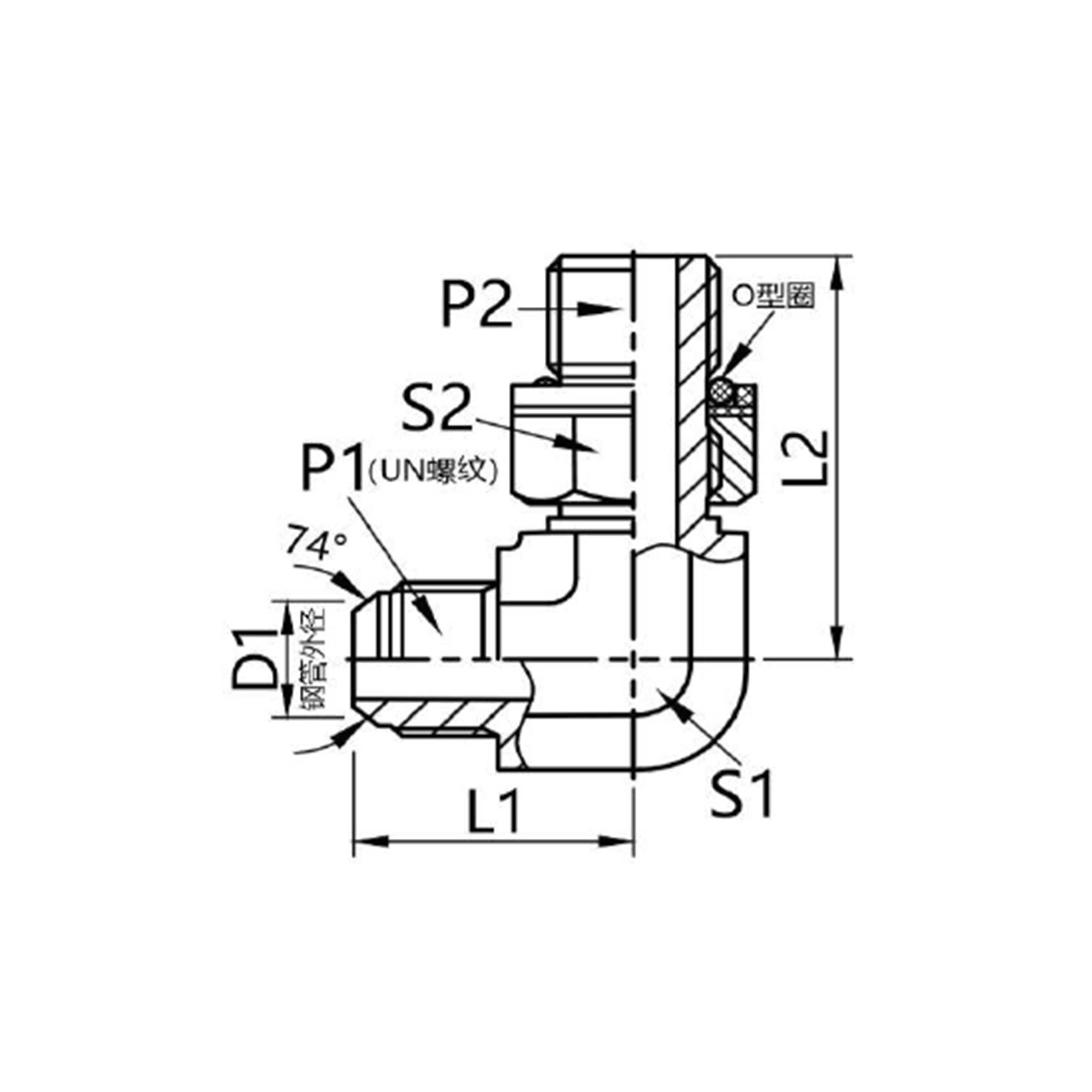 1JG9 美制JC外螺纹74°外锥 1英管外螺纹0型圈90°弯接头