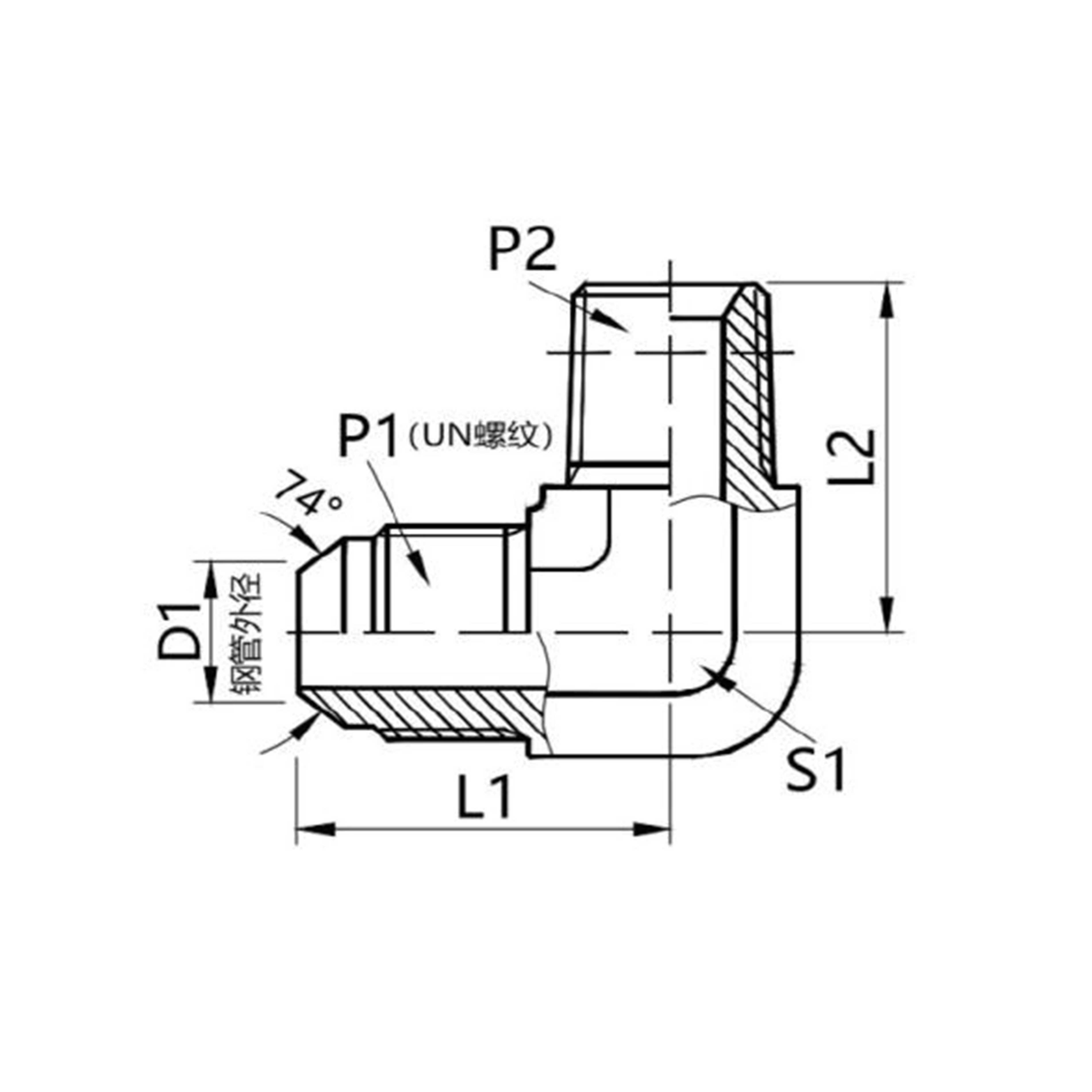 1JT9-SP 90°弯美制JIC外螺纹74°外锥 /英锥管外螺纹J接头