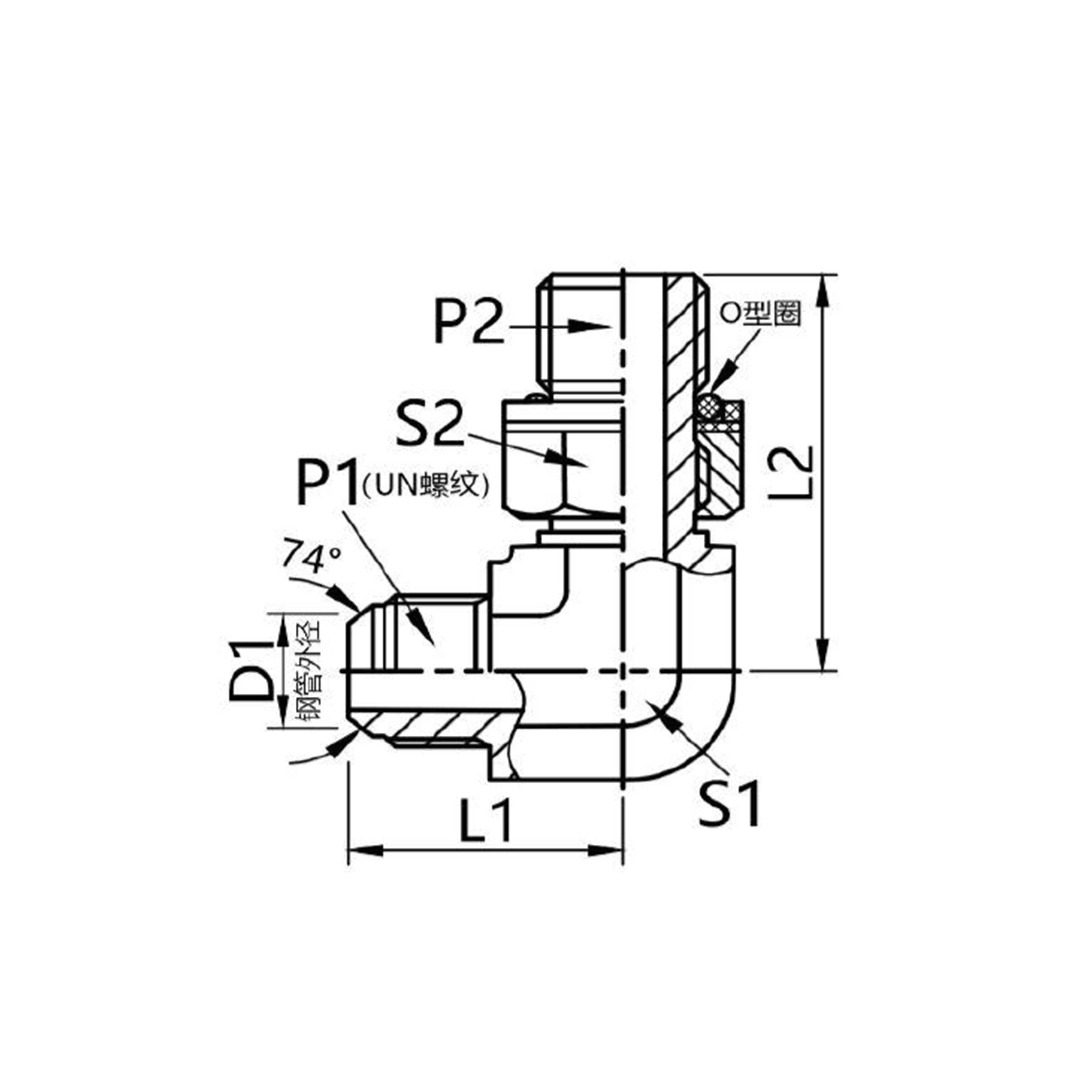 1JH9-OG 90° Elbow — Male JIC 74° Cone × Male Metric Thread with O-Ring Adapter