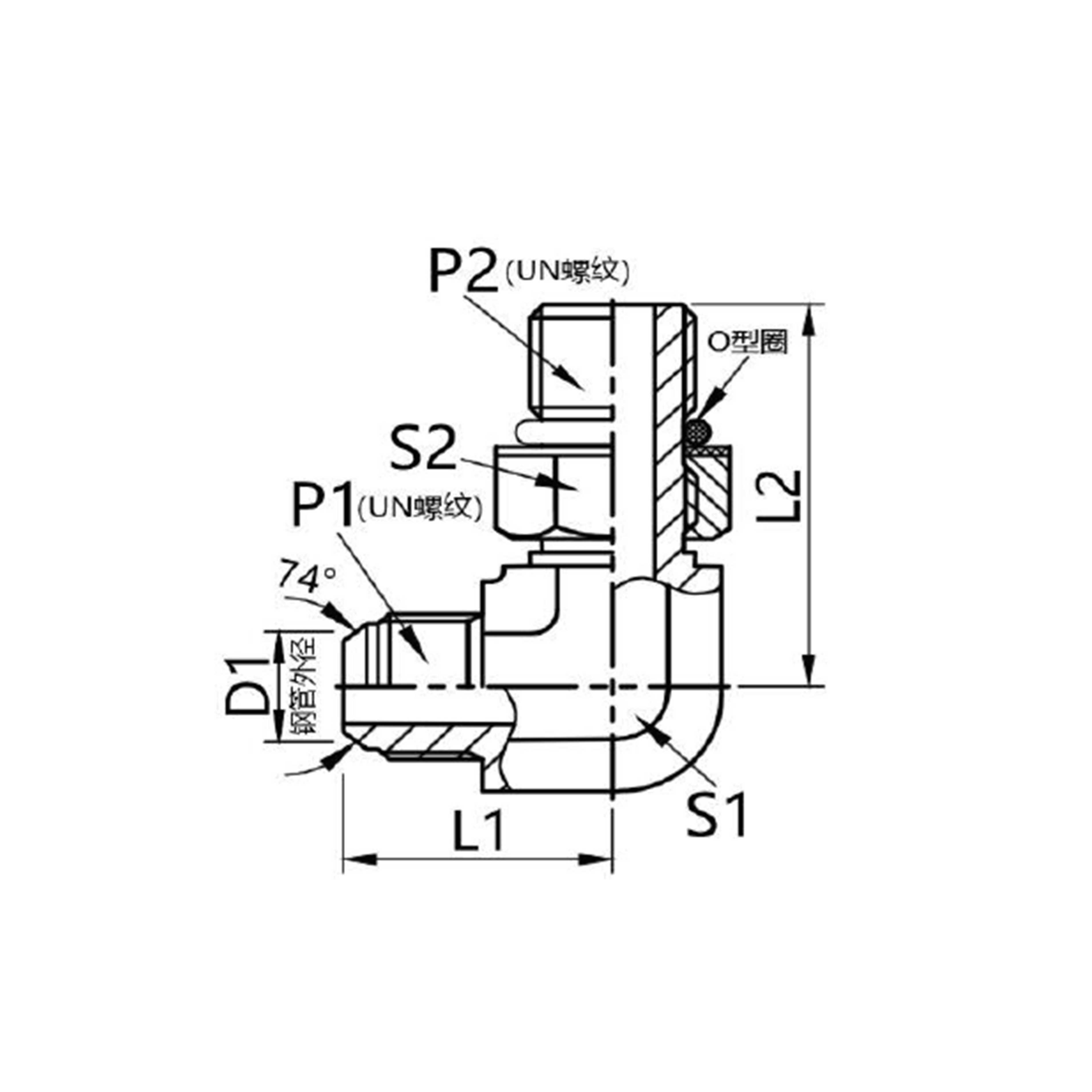 1JO9-OG 90° Elbow — Male JIC 74° Cone × Male SAE O-Ring Boss (ORB) Adapter