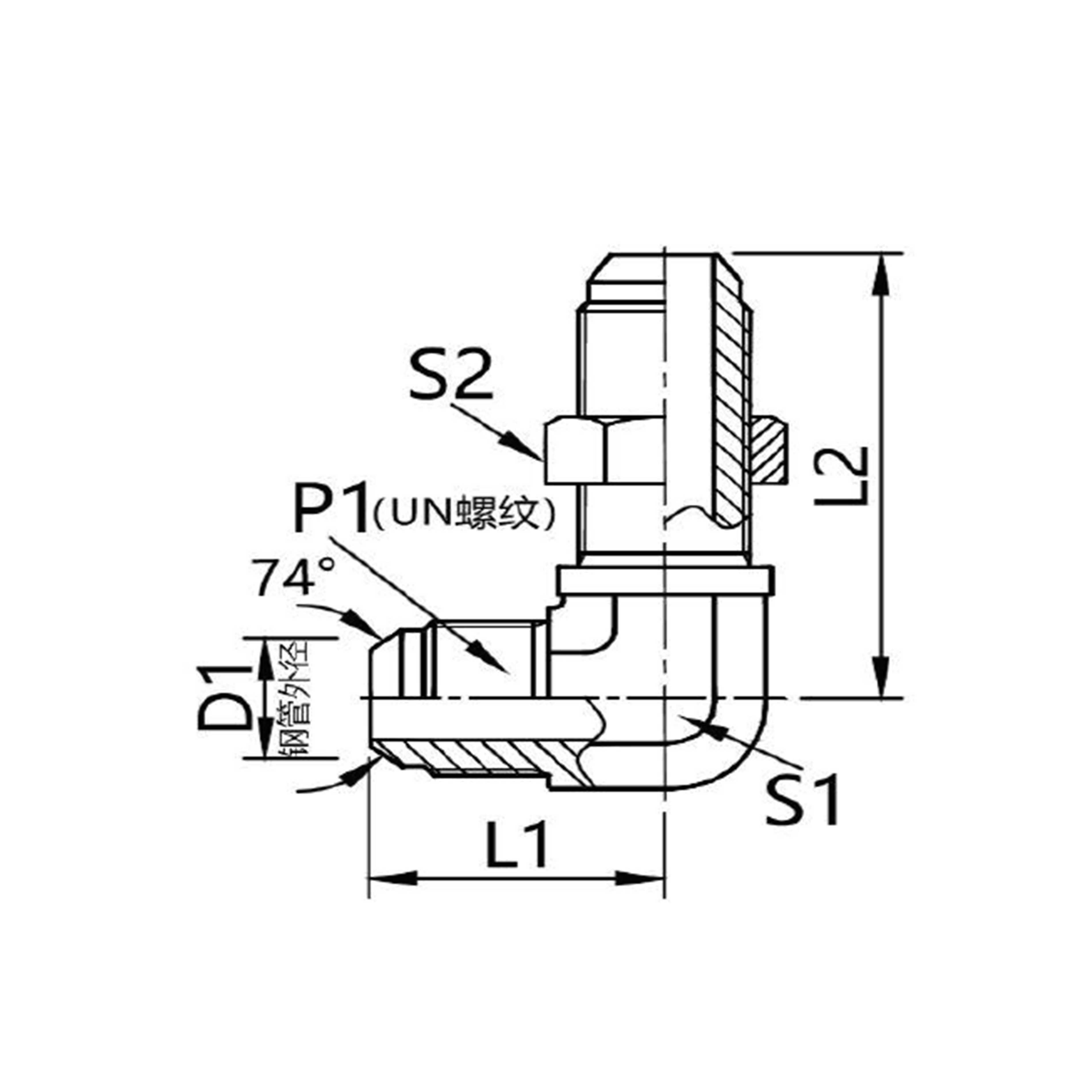 6J9-LN  American Jlc male thread 74° external cone 90° bend over bridge adapter