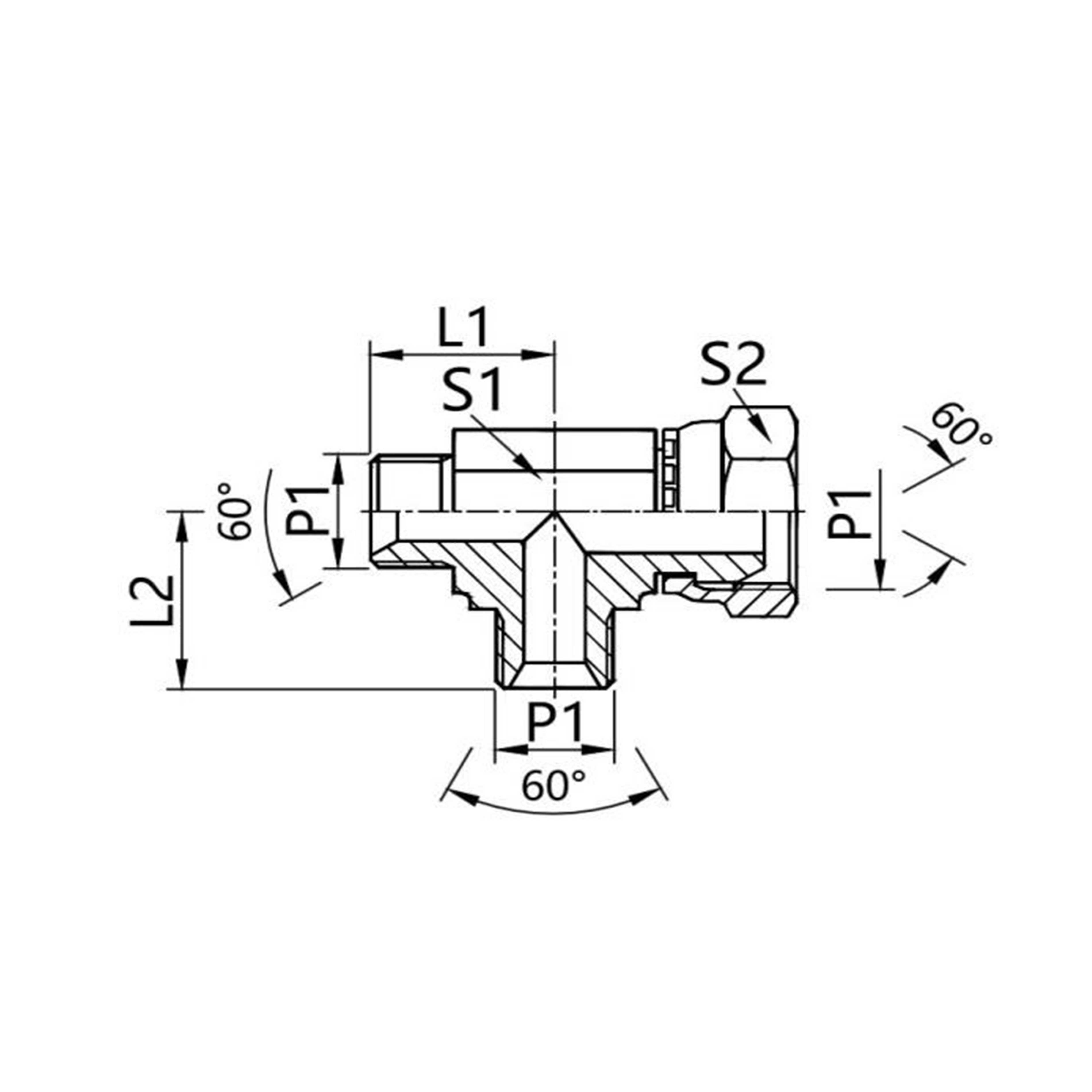 CB — 90° Branch Tee Male BSPP 60° Cone × Female BSPP 60° Cone Adapter
